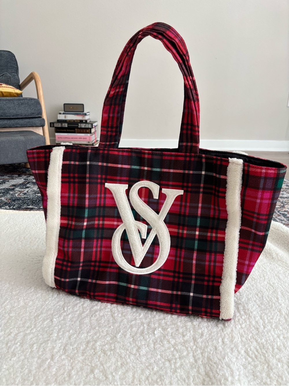 Victoria’s Secret Plaid Tote Bag Red Black Green Tartan Faux Shearling VS